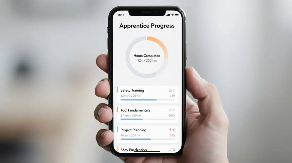 The image shows a mobile phone screen featuring an apprentice progress view, highlighting completed hours and a list of courses within a registered apprenticeship program. This interface is designed for tracking on-the-job training and related technical instruction, aiding apprentices in monitoring their progress towards workforce readiness.