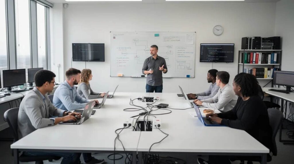 In a classroom lab environment, apprentices are seated at laptops while an instructor demonstrates technical concepts on a whiteboard, emphasizing the importance of related technical instruction in their apprenticeship program. This setting fosters foundational knowledge and technical skills, essential for their workforce readiness and successful completion of the registered apprenticeship.