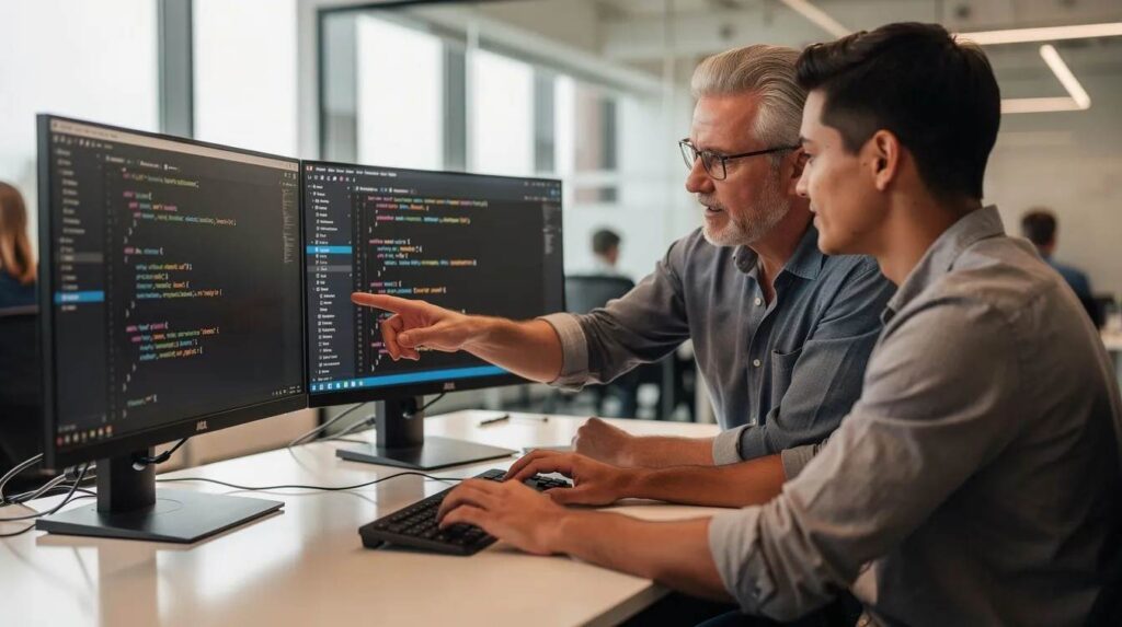 A young professional collaborates with an experienced mentor at a desk in a modern office, both focused on dual monitors displaying lines of code, highlighting the importance of mentorship in software engineering apprenticeships. This scene emphasizes teamwork and skill development within the technology industry.