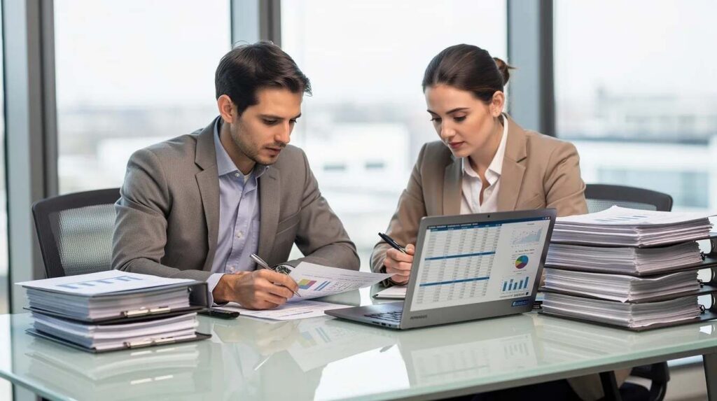 In an office setting, two professionals are focused on reviewing spreadsheets and documents on their laptops, surrounded by stacks of paper folders. This scene highlights the importance of program management and support in the context of apprenticeship program sponsors and their efforts to enhance workforce development.