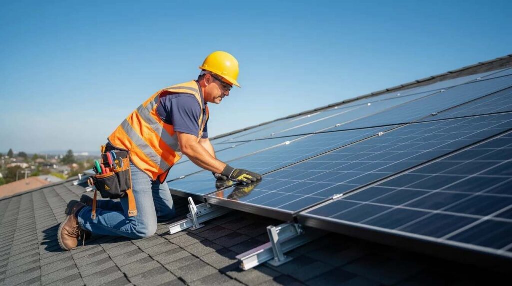 A construction worker is installing solar panels on a rooftop under a clear blue sky, showcasing the integration of renewable energy in building design. This scene reflects the skills and training provided through registered apprenticeship programs, which support workers in the development of technical expertise in the construction industry.