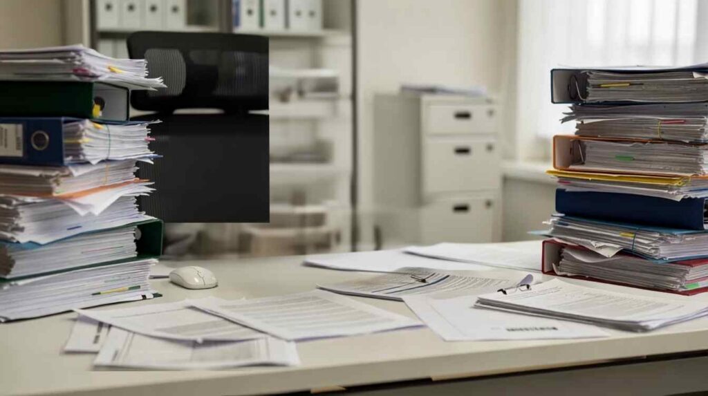 The image depicts a cluttered desk filled with stacks of paperwork, working intently on an open laptop displaying spreadsheet data. This scene reflects the organized chaos often found in offices where individuals manage apprenticeship programs and track important information related to registered apprenticeship and workforce development.