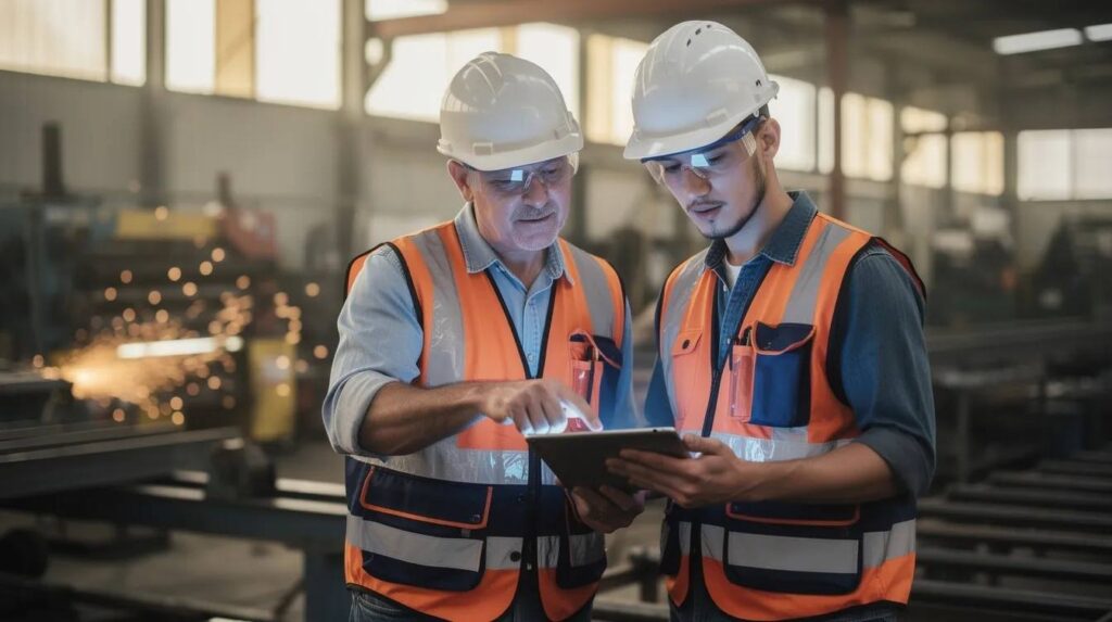 A mentor and an apprentice are collaborating at a manufacturing worksite, both focused on a tablet that displays important data related to their apprenticeship program. This scene highlights the importance of accurate records and effective communication in workforce development and training.