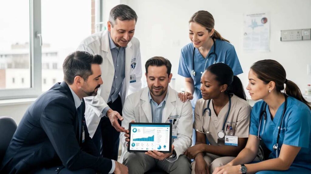 The image shows a group of healthcare workers collaborating around a tablet in a clinical setting, actively reviewing patient progress and discussing career development opportunities. Their engagement highlights the importance of structured career paths and continuous learning in fostering employee growth and enhancing patient care.