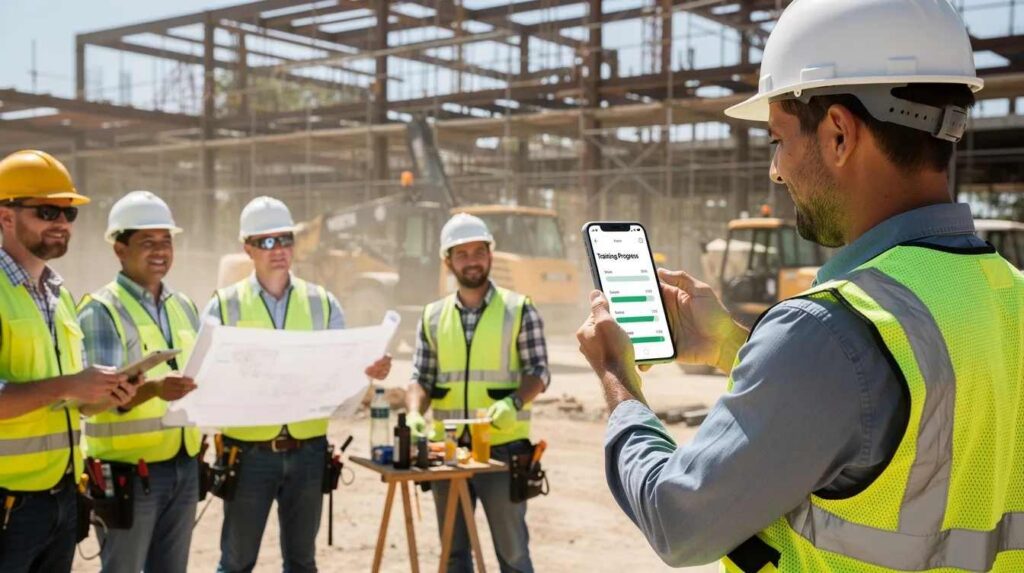 A group of construction workers wearing hard hats is seen on a job site, with one individual focused on a smartphone to track their training progress. This scene highlights the importance of career development and employee growth through structured career paths and skills assessments in the workplace.