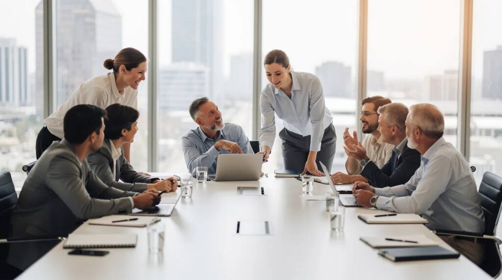 The image depicts a diverse group of professionals collaborating around a conference table, engaged in discussions with laptops and notebooks open, symbolizing teamwork and career development. This scene reflects the importance of structured career paths and employee growth through collaboration and shared insights.