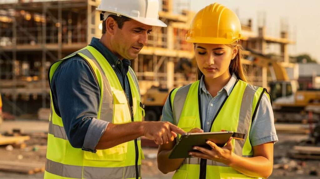 A mentor and a young intern are collaborating on a tablet device at a worksite, reviewing tasks and progress related to their internship program. This scene highlights the importance of mentorship and real-time communication in fostering internship success and enhancing the learning experience for interns.