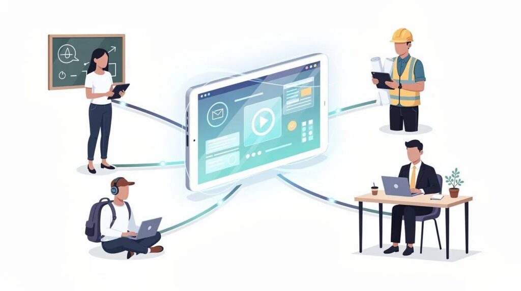 The image depicts multiple professionals, including a teacher, construction supervisor, office worker, and student, all connected by lines to a central glowing screen that symbolizes a shared platform for workforce development. This collaborative setup highlights the importance of apprenticeship programs in bridging the skills gap and ensuring compliance in training and employment processes.