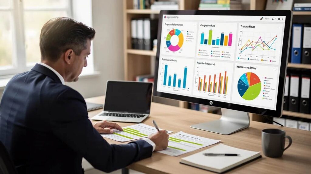 An apprenticeship director is seated at a desk, intently reviewing colorful charts and graphs on a large monitor that display completion rates and training hours for the apprenticeship program. This visual data aids in ensuring compliance and tracking the progress of registered apprenticeships, contributing to a skilled workforce and addressing the skills gap in various industries.