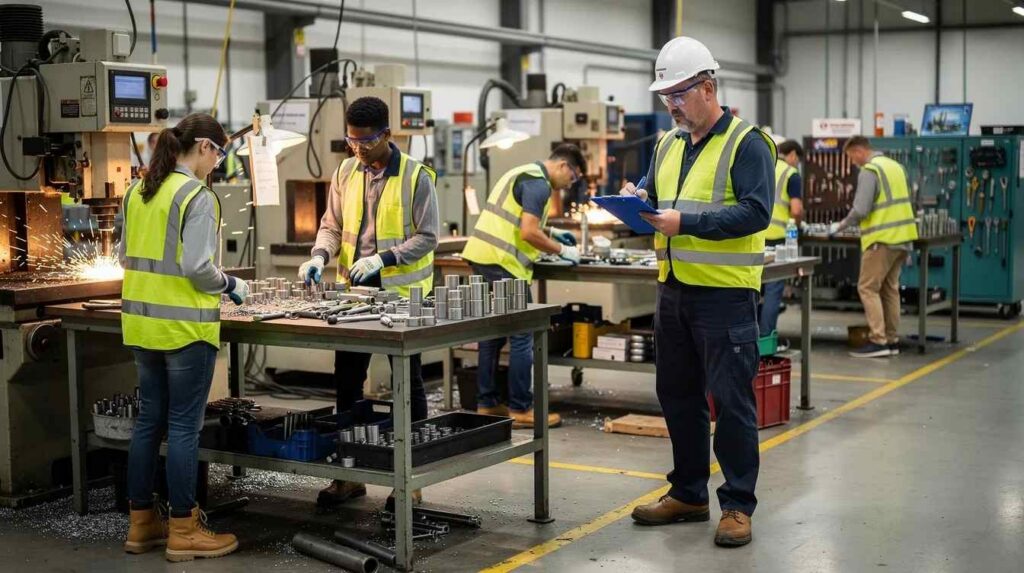 In a manufacturing workshop, several apprentices are engaged in hands-on tasks while a supervisor observes them closely, taking notes on a clipboard. This scene highlights the importance of registered apprenticeship programs within the national apprenticeship system, emphasizing the learning and investment in skills development for future employers.