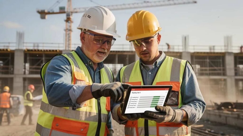 A mentor and apprentice are collaboratively reviewing training tasks on a tablet at a construction job site, emphasizing the importance of tracking employee training and managing training programs effectively. The scene highlights their focus on employee development and progress tracking in a hands-on learning environment.