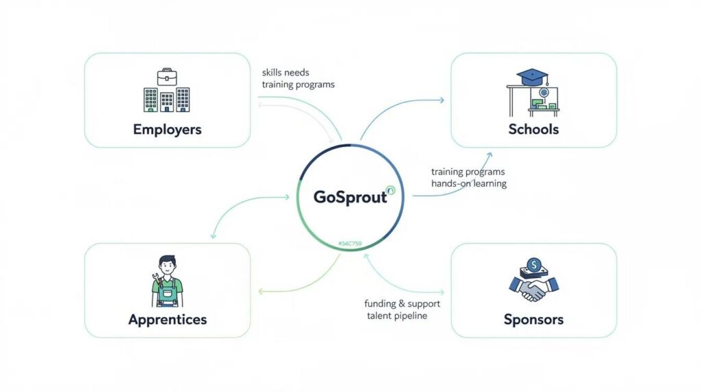 The image depicts a diagram of the GoSprout ecosystem, illustrating the connections between employers, schools, sponsors, and apprentices within a comprehensive employee training management system. This visual representation highlights the workflow of training programs, tracking employee progress, and managing training courses effectively.