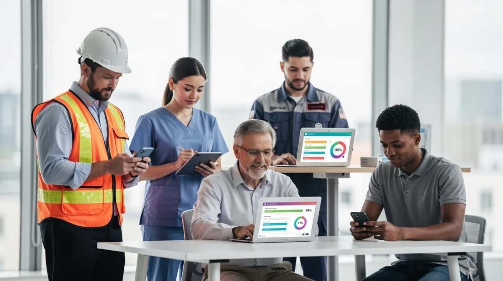 A diverse group of workers from various industries is engaged in checking their training progress using mobile devices and laptops, highlighting the importance of employee training management software for tracking employee training records and ensuring compliance with mandatory training programs. The scene reflects a collaborative effort in managing training courses and assessing training effectiveness through modern training tracking software solutions.