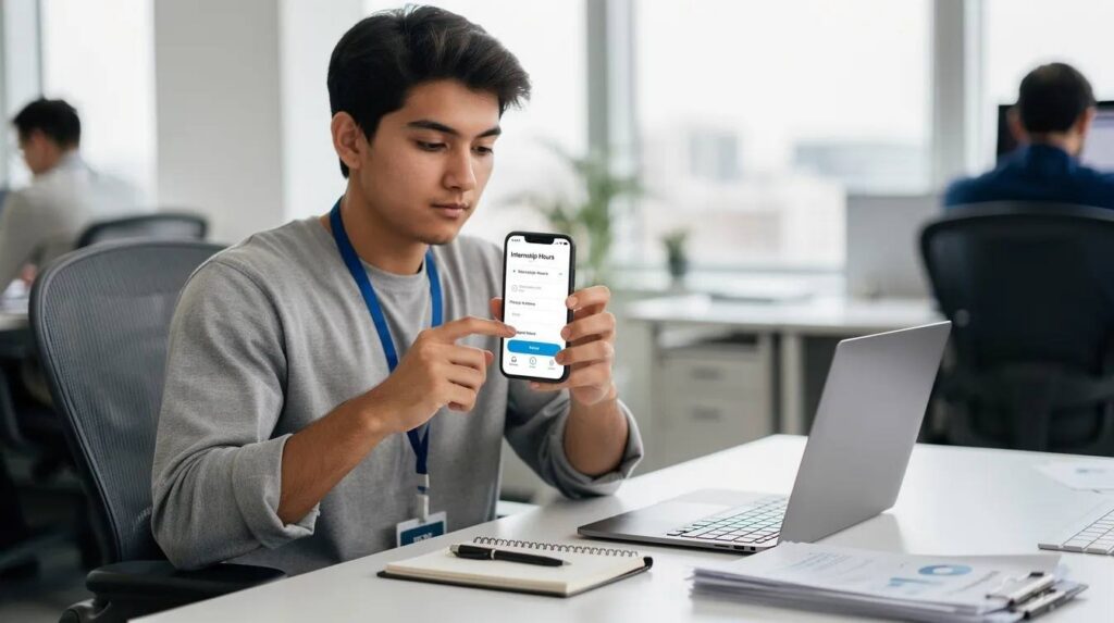A student is seated at a desk in a workplace, using a smartphone app to log their internship hours and project notes, contributing to their professional development and gaining practical experience. The scene reflects a focus on organization and tracking progress in their internship program, preparing them for future job opportunities.