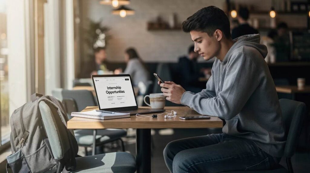 A college student is seated at a cafe table, intently reviewing internship opportunities on a smartphone, with an open laptop nearby displaying company websites and listings for open positions. The student is focused on finding internships that match their skills and future career goals.