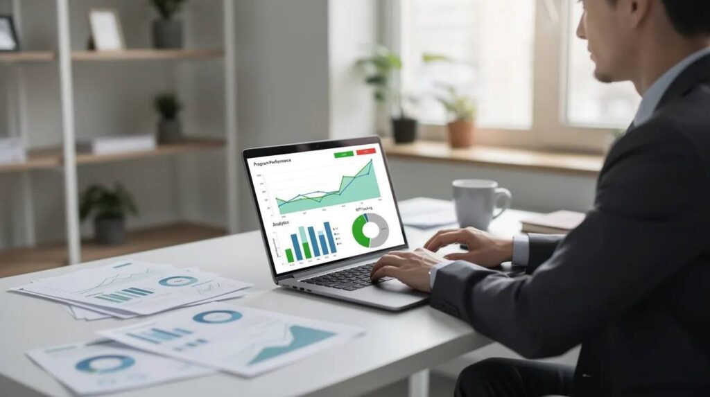 A person is seated at a desk, focused on a laptop displaying charts and graphs that illustrate program tracking and analytics, essential for managing an internship program. The professional workspace emphasizes the use of technology to drive data-driven decisions and streamline internship management processes.