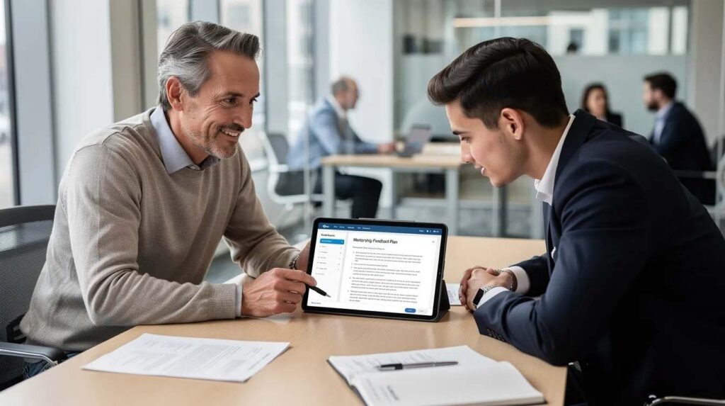 A mentor and a young professional are collaborating on a tablet device in a modern workplace, symbolizing structured mentorship and feedback within an internship program. This setting highlights the importance of building relationships and developing skills through effective communication and support, crucial for better outcomes in an intern management system.