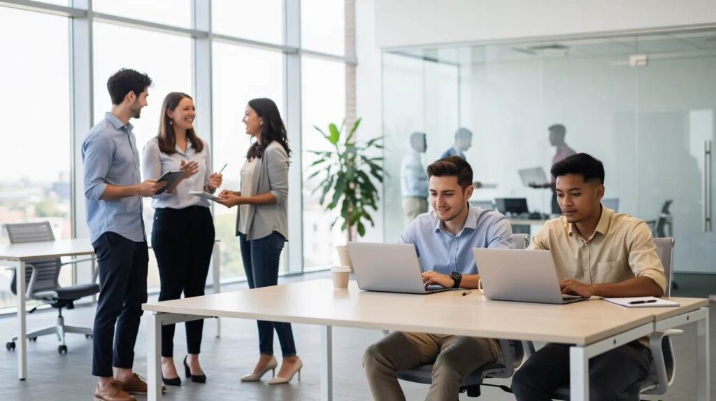 A group of young professionals is engaged in a collaborative internship environment within a bright modern office space, with some working on laptops while others participate in discussions. This setting exemplifies the internship management system, fostering teamwork and communication among interns and managers.