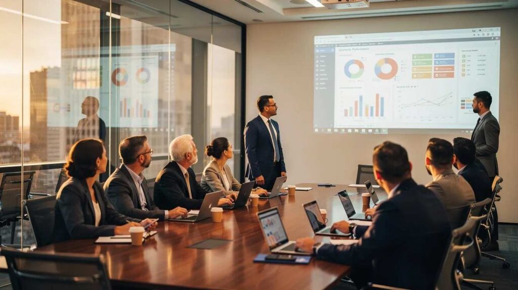 A diverse group of professionals is gathered in a conference room, attentively looking at a projected dashboard that displays various metrics related to their internship program. The atmosphere is collaborative as they discuss the application process and strategies to manage their intern pipeline effectively.