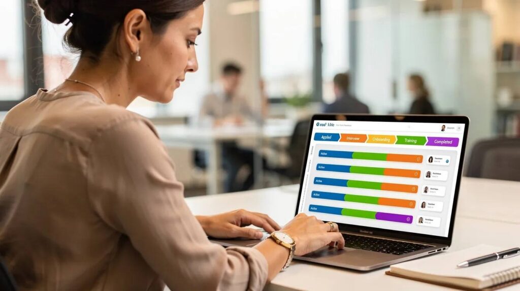 A program coordinator is reviewing intern progress on a laptop screen, which displays colorful pipeline stages and progress bars, helping them stay organized with status updates on internship applications and follow up dates. The interface includes metrics to track candidates' application status and interview feedback, ensuring a smooth management of the internship program.