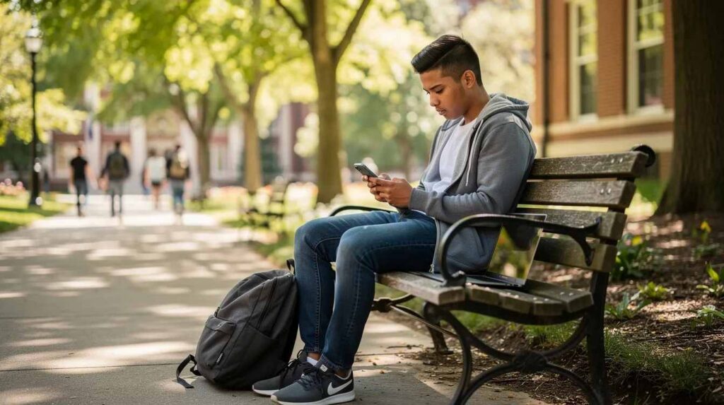 A college student is sitting on a campus bench, focused on their smartphone while a laptop is open beside them, likely exploring internship opportunities or accessing mobile apps related to their career search. This scene reflects the modern approach of students using technology to connect with relevant jobs and stay updated on potential internships.