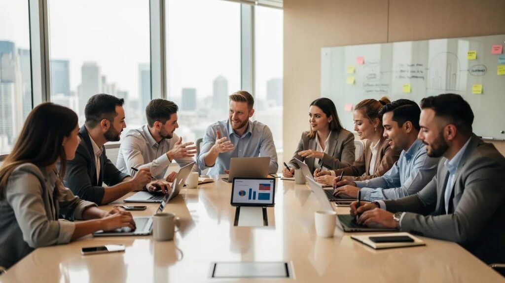 A diverse group of young professionals is collaborating around a conference table in a modern office space, using laptops and notebooks to discuss projects and strategies. This scene highlights the importance of teamwork and real-world skills in the internship search process, as they work together to gain experience and prepare for future career opportunities.