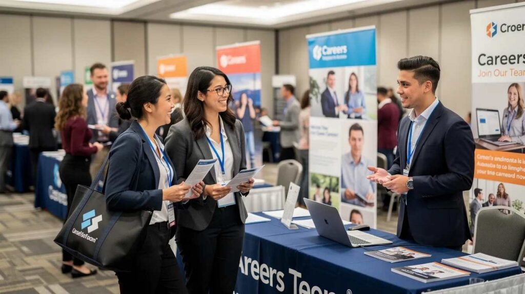 A diverse group of young professionals, including college students and recent graduates, engage with recruiters at various company booths during a career fair, discussing open positions and internship opportunities. The atmosphere is lively as they network and explore potential job roles, focusing on their future careers.