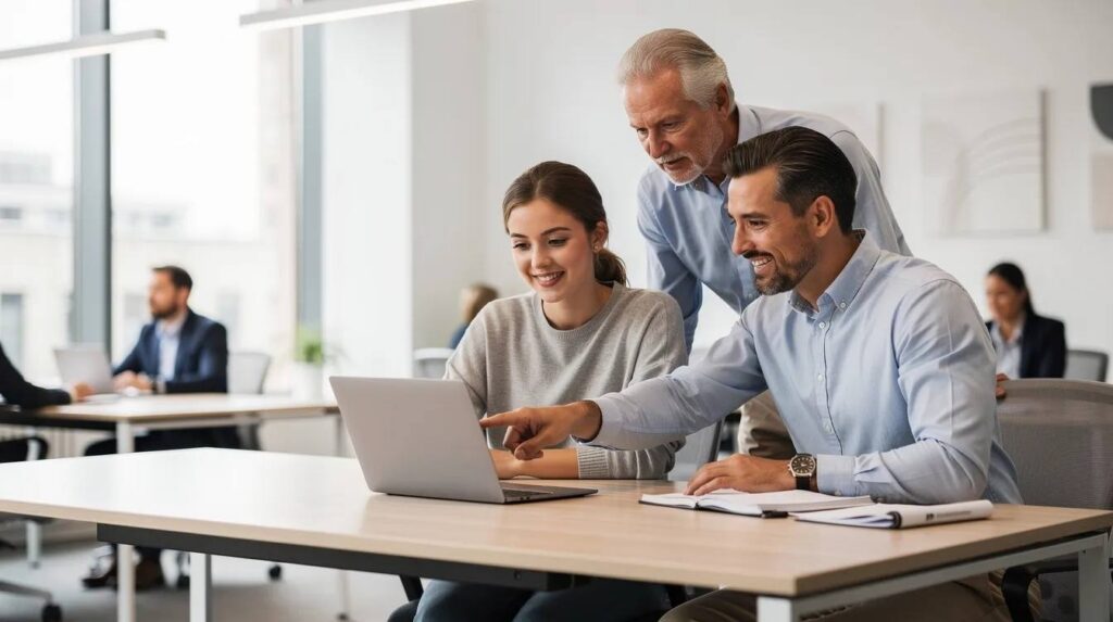 The image depicts a young professional collaborating with a mentor at a desk in a bright, modern office, both focused on a laptop. This scene highlights the importance of mentorship in managing internships and fostering collaboration within internship programs.