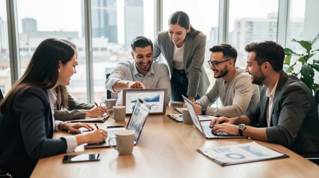 The image depicts a diverse group of young professionals collaborating around a table in a modern office setting, each engaged with their laptops as they discuss various internship-related activities. This scene highlights the importance of teamwork and communication in managing internship programs effectively within a centralized digital platform.