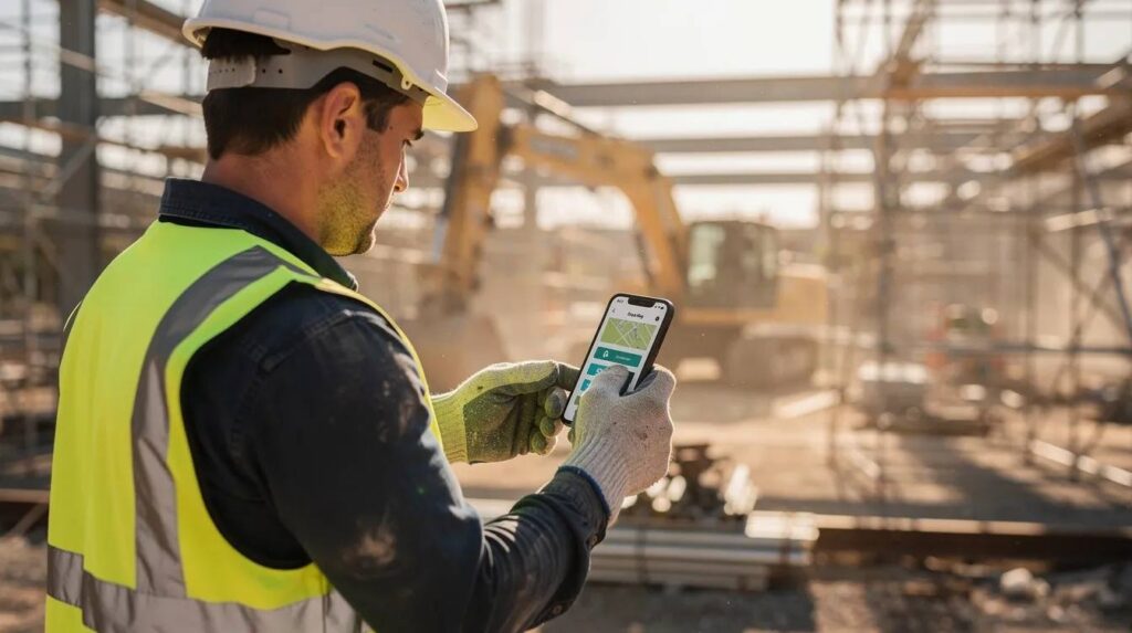 A person is using a smartphone at a construction worksite, tapping on the screen to manage tasks or communicate in real time. This scene illustrates the integration of technology in managing internships and related activities on-site.