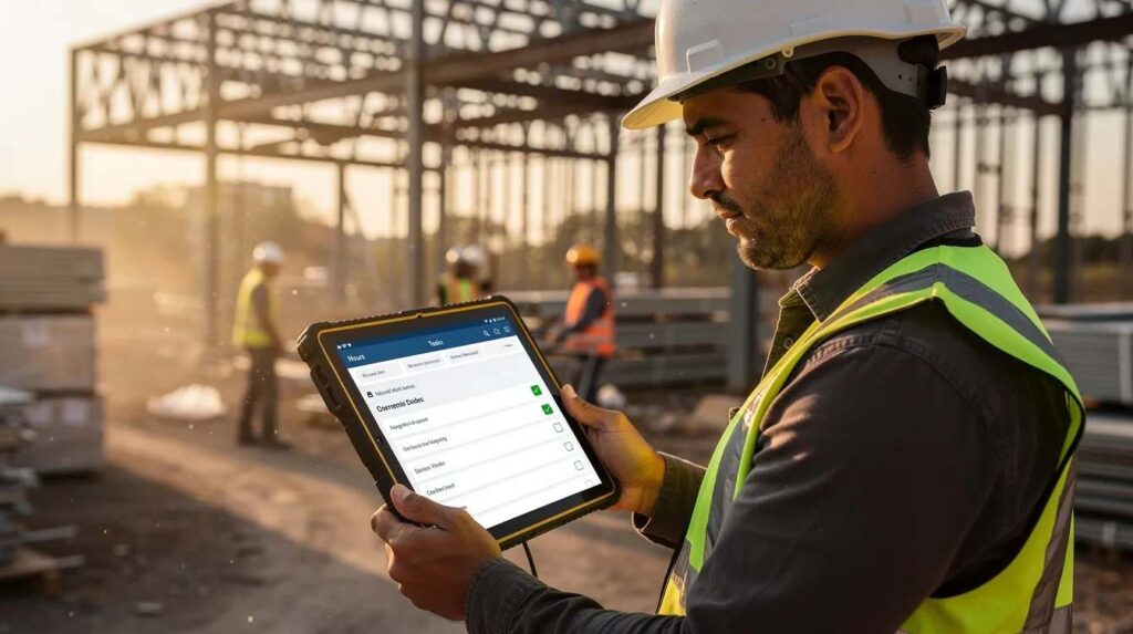 A person is using a tablet device at a job site to manage their tasks and log hours, potentially related to an internship program. The scene emphasizes the importance of technology in tracking progress and maintaining clarity in the internship journey.