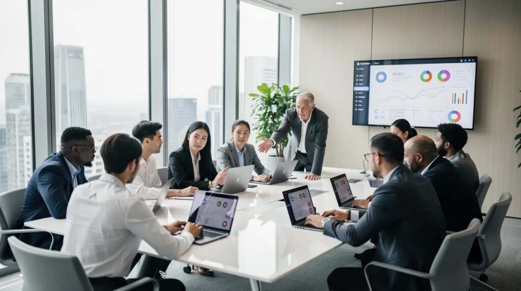A diverse team of professionals is gathered around a modern conference table, engaged in discussion with laptops open in a contemporary meeting room. They are likely collaborating on managing internships, utilizing a centralized digital platform to enhance their internship program and improve internship outcomes.