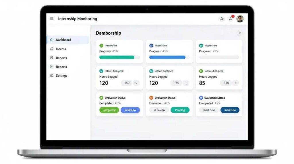 The image displays a dashboard view of an internship monitoring application, featuring progress bars indicating intern achievements, hours logged, and evaluation statuses. This system is designed to track the professional development of interns, providing employers and hiring managers with essential insights into their daily work and overall contributions to the organization.
