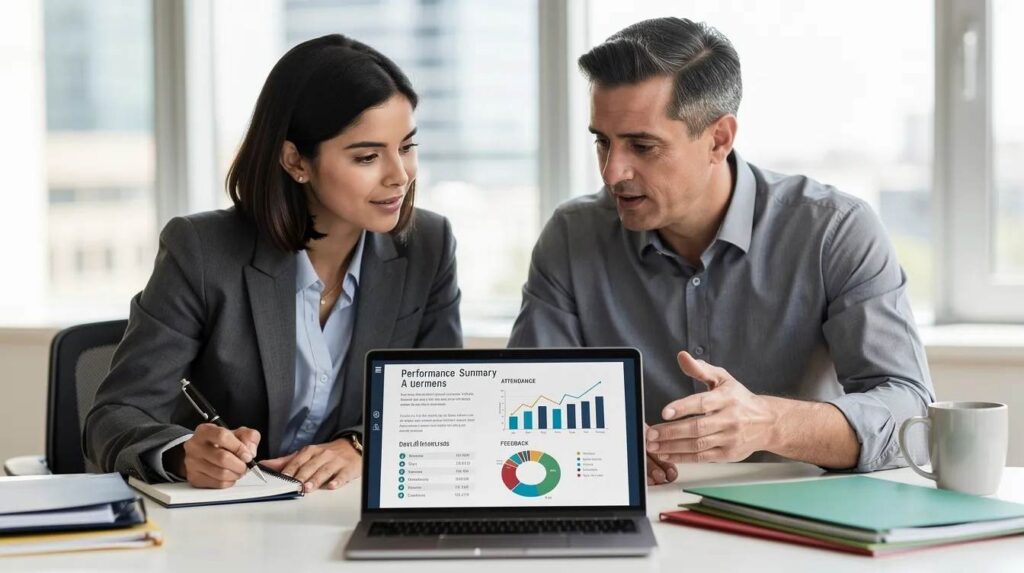 A school internship coordinator and an employer are seated at a table, intently reviewing performance reports displayed on a laptop screen. They are discussing how to provide feedback and support for students' professional development within internship programs, focusing on the skills and progress of interns as they prepare for future job opportunities.