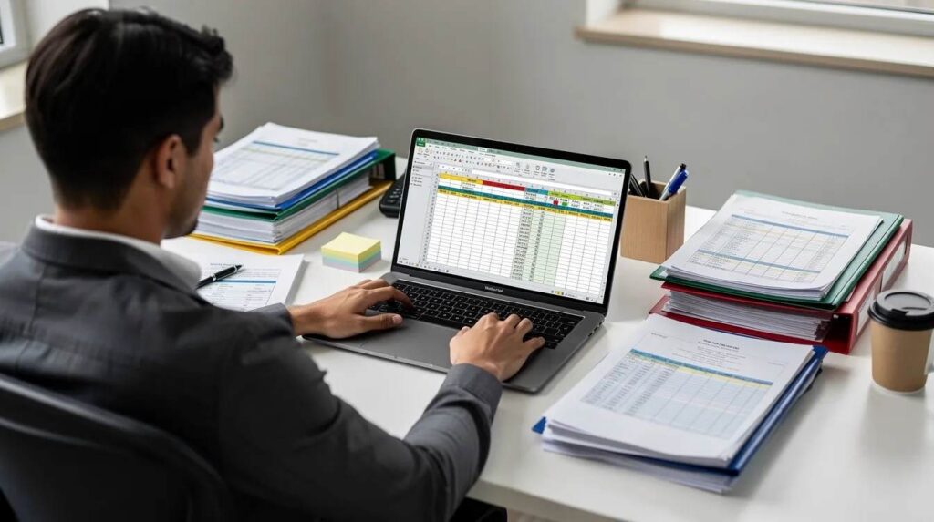 The image depicts a coordinator seated at a desk, surrounded by paper folders and a laptop displaying multiple spreadsheet tabs related to an internship program. The scene reflects the organized chaos often involved in internship tracking, highlighting the essential tasks of managing student placements and applications.