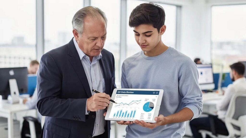 A supervisor and a young intern, both focused on a tablet screen, are collaborating in an office setting to review data, showcasing a hands-on experience in data science and software development. This scene highlights the importance of mentorship and guidance for college students pursuing their dream internship and relevant jobs in the tech industry.