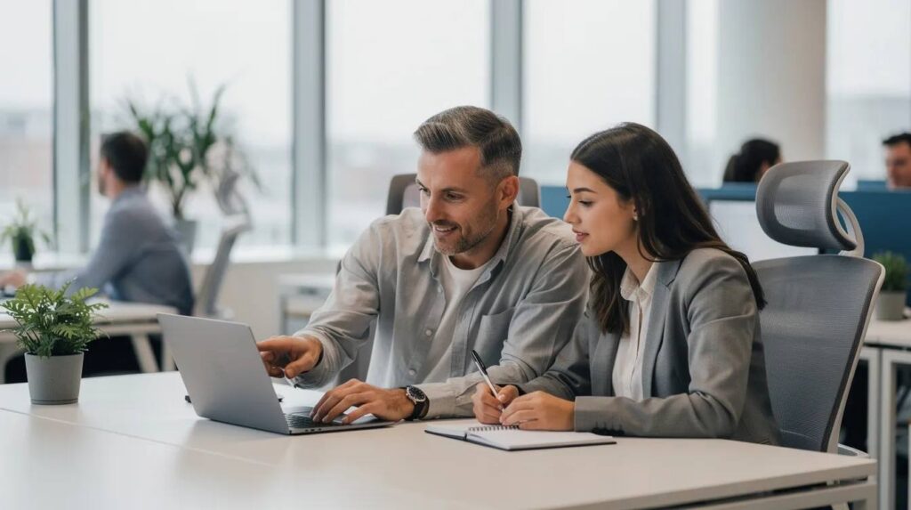 The image shows a supervisor and a young professional collaborating on work in a modern office workspace, emphasizing effective communication and teamwork essential for a successful internship program. Their engagement highlights the importance of mentorship and feedback in the student internship program, ensuring organized tracking of tasks and projects.