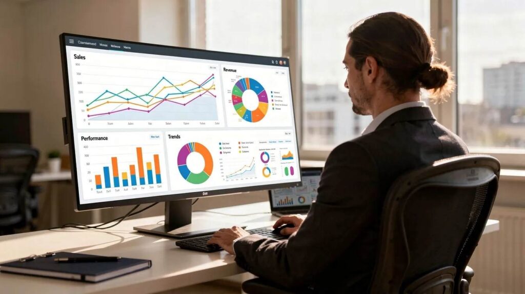 A person is analyzing colorful data charts and graphs displayed on a large monitor in an office setting, likely using an internship management system to track student placements and applications. The vibrant visuals suggest a focus on effective internship tracking and insights into success metrics.