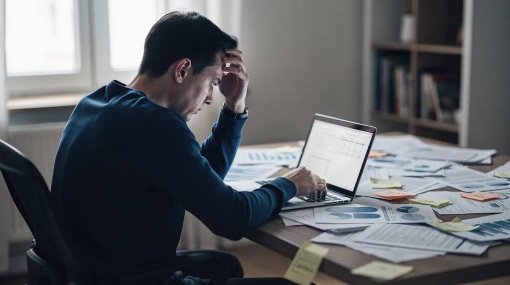 A frustrated person sits at a cluttered desk, working on a laptop surrounded by scattered paper documents, symbolizing the challenges of managing an internship program and tracking applications. The scene reflects the complexities of the application process and the need for an efficient internship management system to streamline communication and enhance progress tracking.