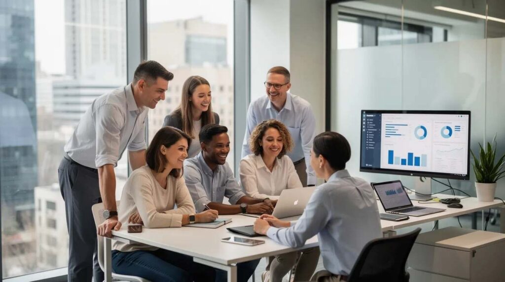 A group of interns collaborates with their mentors in a modern office workspace, engaging in discussions and utilizing tools for effective task management. This internship program emphasizes tracking progress and communication, ensuring a structured approach to their internship journey and future career opportunities.