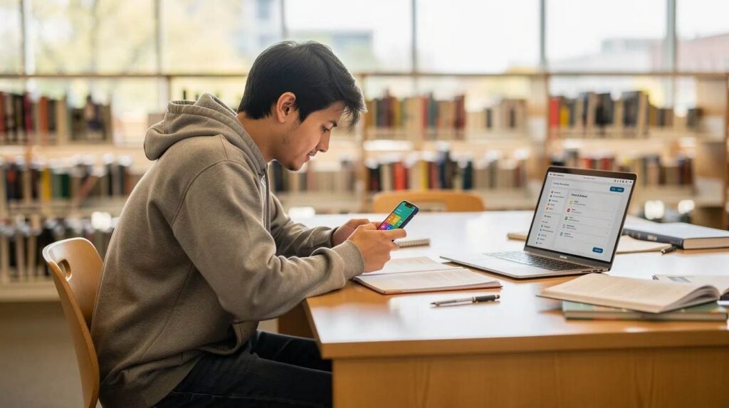 A college student is sitting at a desk in a bright campus library, using a smartphone app to search for remote internships while a laptop is open beside them. This scene highlights the student's focus on gaining real-world experience and finding the right internship to enhance their career prospects.