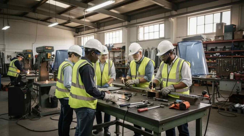 The image depicts a diverse group of apprentices in safety gear collaborating with experienced workers in an industrial workshop, showcasing a registered apprenticeship program that emphasizes hands-on training and skill development. This setting highlights the importance of building a highly skilled workforce through practical experience and classroom instruction under the guidance of knowledgeable employers.