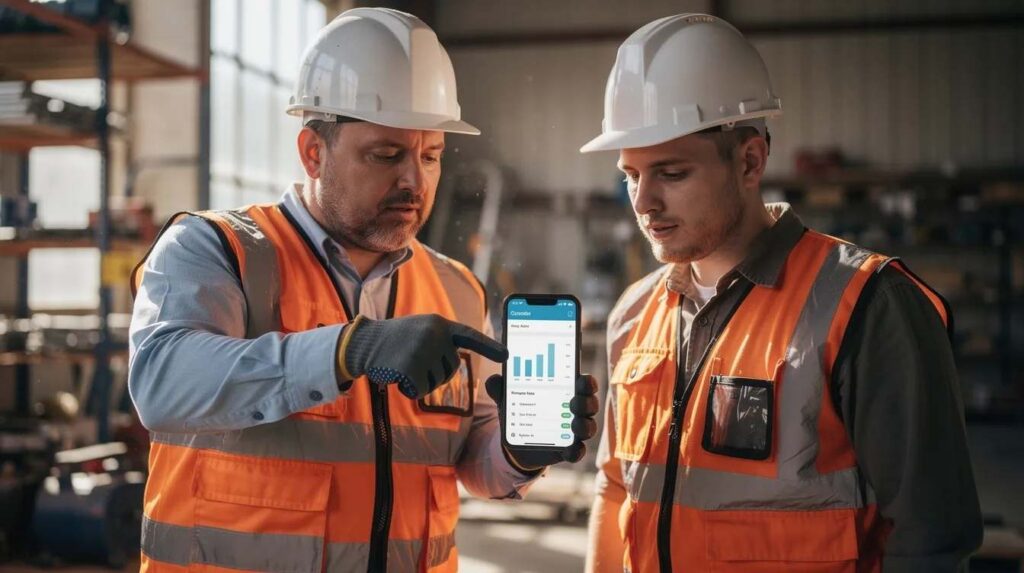 A supervisor and apprentice are engaged in a discussion while reviewing progress on a mobile phone at a construction site, highlighting the importance of real-time feedback in employee training and skill development. This scene emphasizes the role of mobile access in effective learning management systems for tracking learner progress and delivering training content.