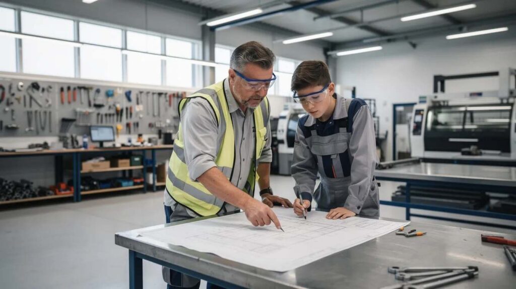 The image depicts a mentor and a young apprentice engaged in a collaborative review of a task within a clean and organized industrial workshop. This setting emphasizes the importance of apprenticeship training, highlighting the supportive relationship that is essential for successful apprenticeship programs and effective learning management.