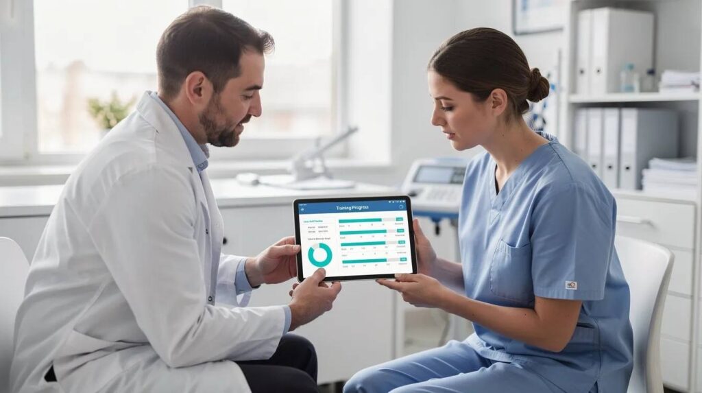 The image depicts a mentor and apprentice engaged in a discussion while reviewing training progress on a tablet in a clinical workspace. They are focused on the apprentice's achievements and the data related to the apprenticeship program, highlighting the importance of effective apprenticeship management and tracking for program success.