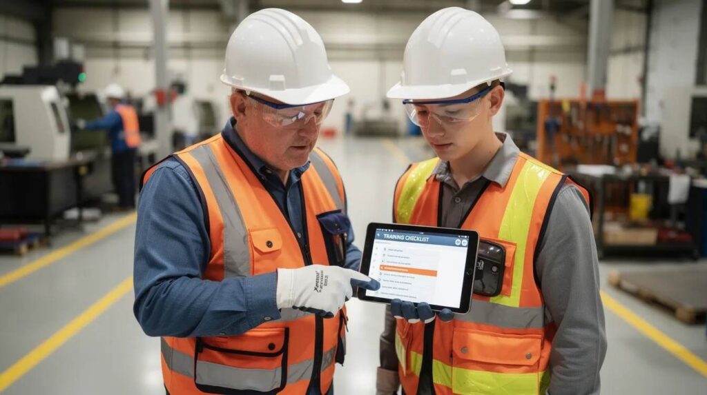 A supervisor and an apprentice are collaboratively reviewing a training checklist on a tablet while standing on a manufacturing shop floor. This scene highlights the importance of on-the-job training and effective management of training programs to address skill gaps and enhance employee performance.