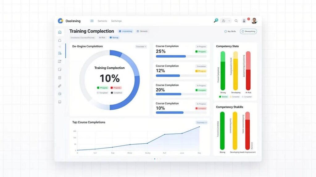 The image displays a dashboard that illustrates real-time progress of on-the-job training, featuring completion percentages and competency status bars. This tool aids managers in tracking employee data and identifying skill gaps within training programs, ensuring efficient training processes tailored to specific roles.