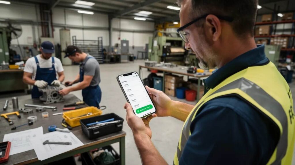 A supervisor is using a smartphone in a workshop environment to approve training hours for apprentices, ensuring compliance with the apprenticeship program's structured learning paths. This process helps track progress and manage employee data efficiently, enhancing learner engagement in hands-on learning experiences.