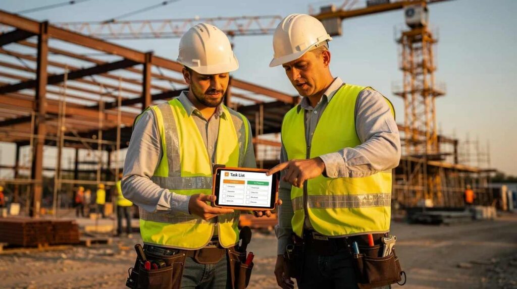 An apprentice and supervisor are standing at a construction site, reviewing task completion on a tablet, which is part of their apprenticeship program. They are engaged in hands-on learning, tracking progress and ensuring compliance with training processes and structured learning paths.