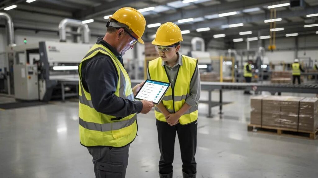 The image shows a supervisor and an apprentice on a factory floor, both focused on a tablet device as they review a digital checklist related to employee training. This scene highlights the use of training tracking software to monitor progress and ensure compliance with training programs.
